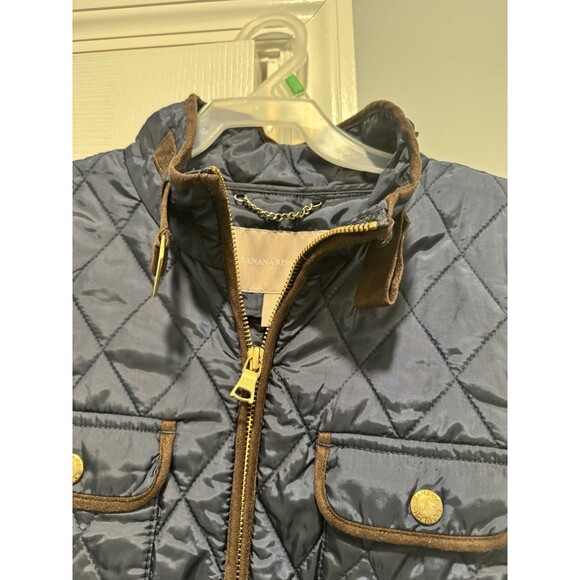 Banana Republic Quilted Vest Women’s Medium Navy Blue Brown Trim Zip Front - Picture 4 of 6